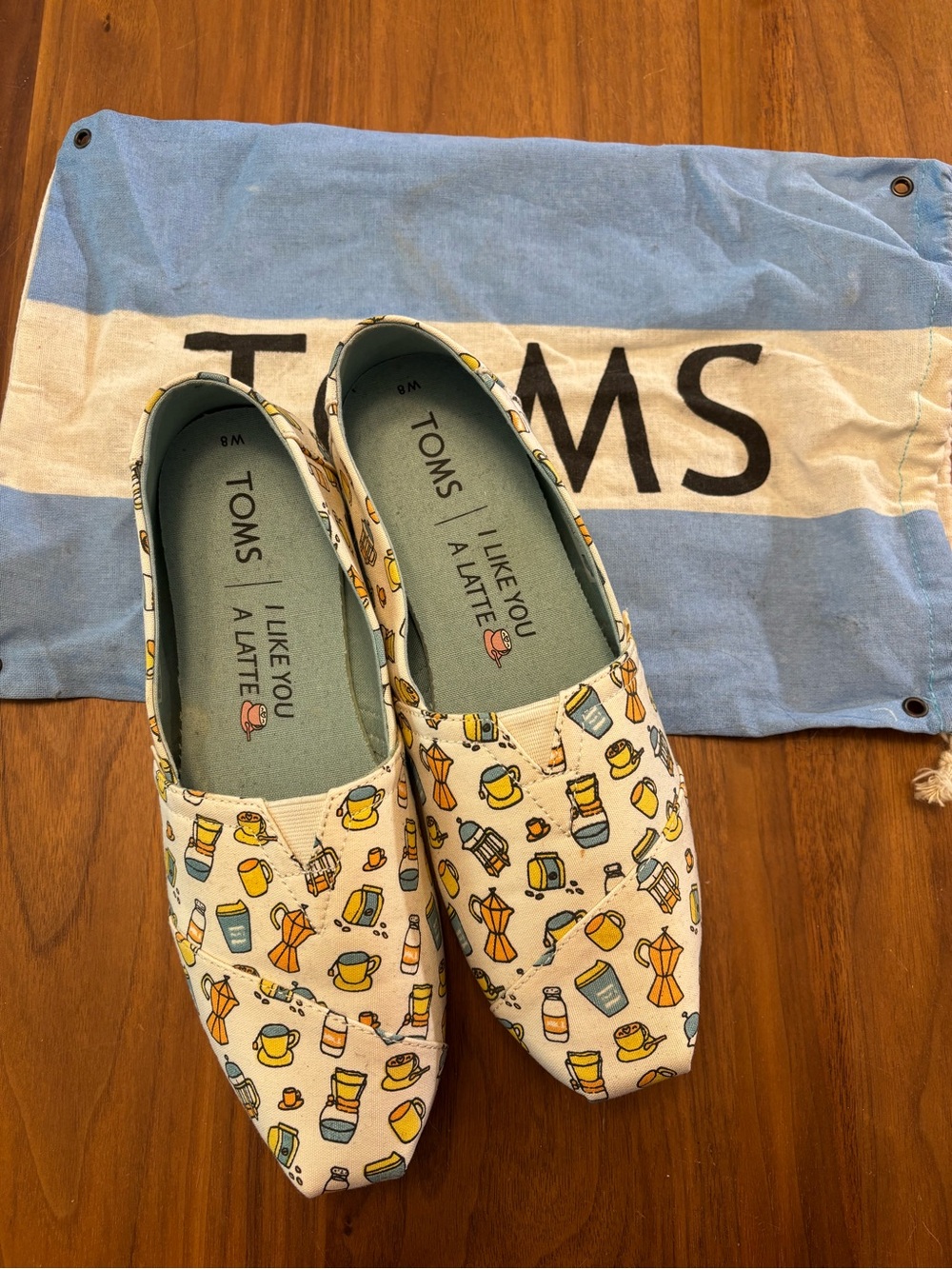 Toms Coffee Print Slip-On Shoes "I Like You A Latte"